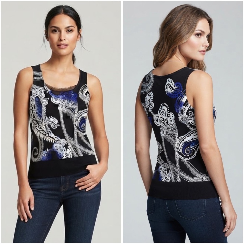 White House Black Market Womens Paisley Knit Tank Top Black Blue White Small